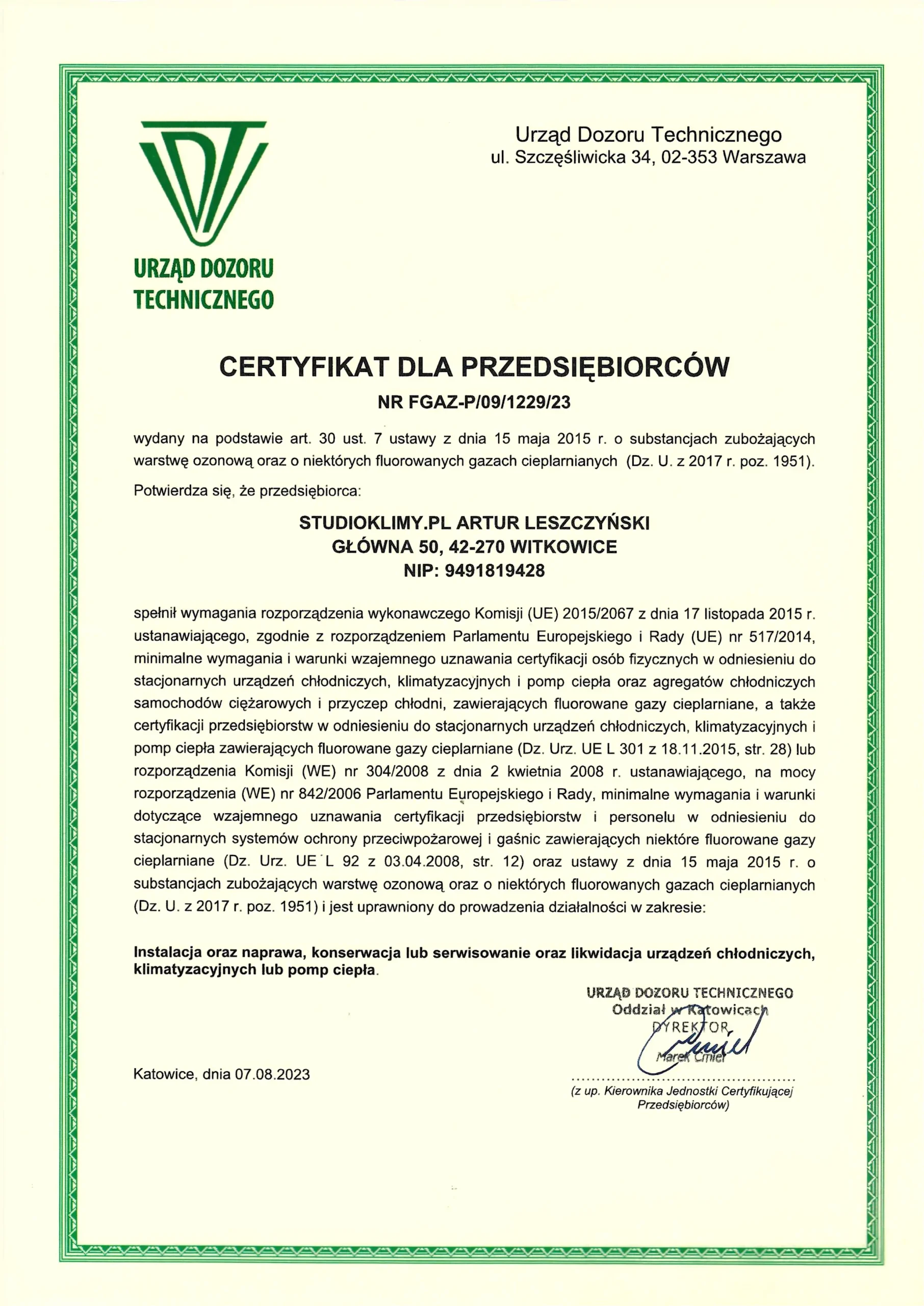 Certyfikat F-GAZ